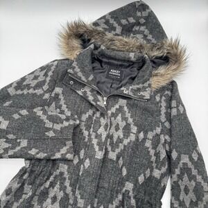 Ashley Outerwear Jacket Womens Small Black Brown Aztec Hood Faux Fur Trim Coat